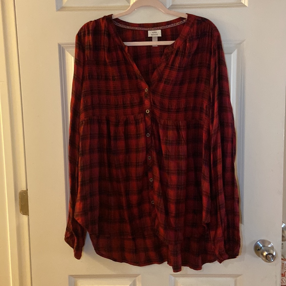 Knox Rose Red and Black flannel pattern long sleeve blouse